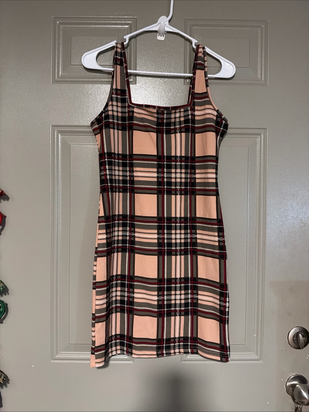 SHEIN Peach Plaid Square-Neck Sleeveless Mini Dress
